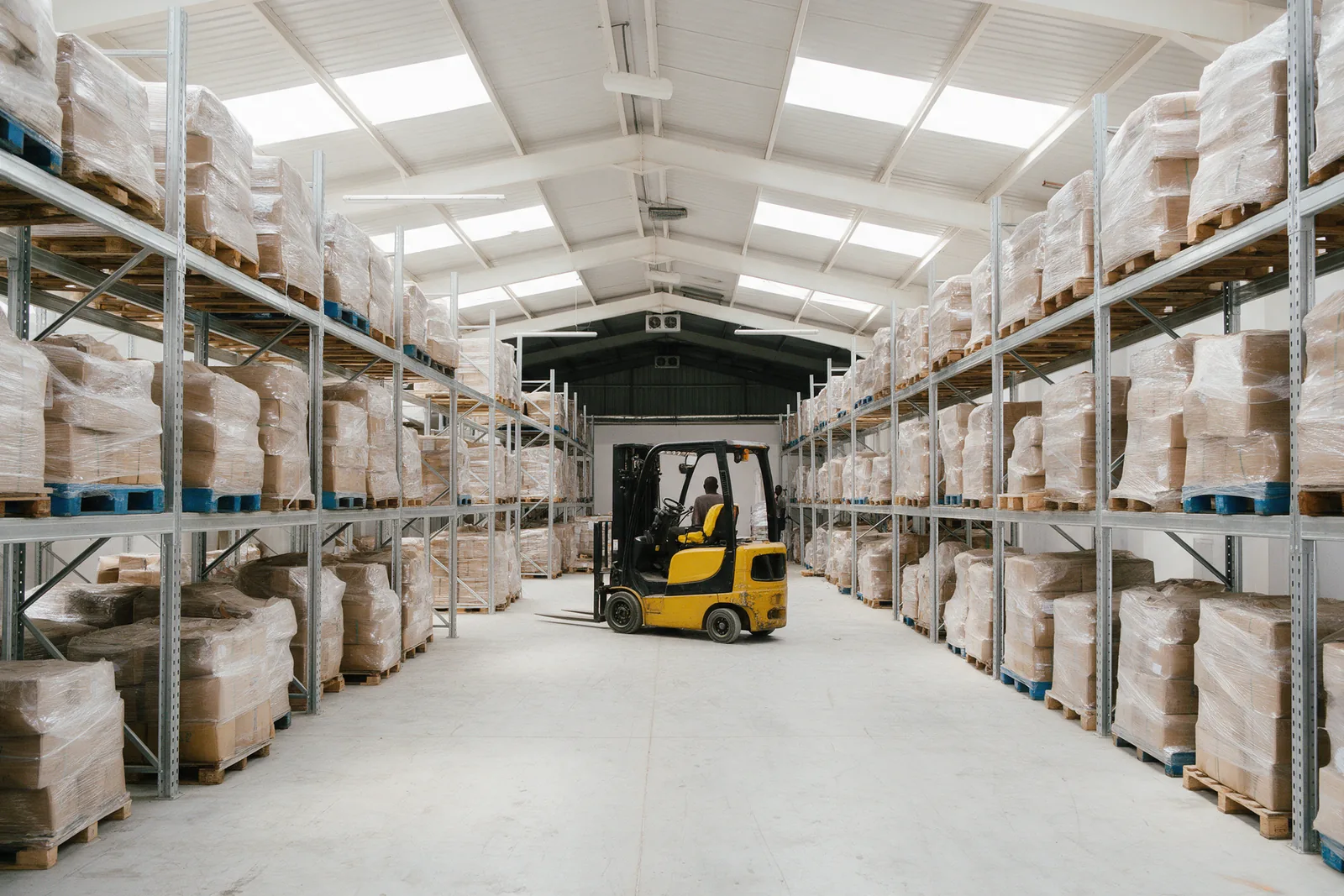 Loaded pallet racking in a distribution warehouse.